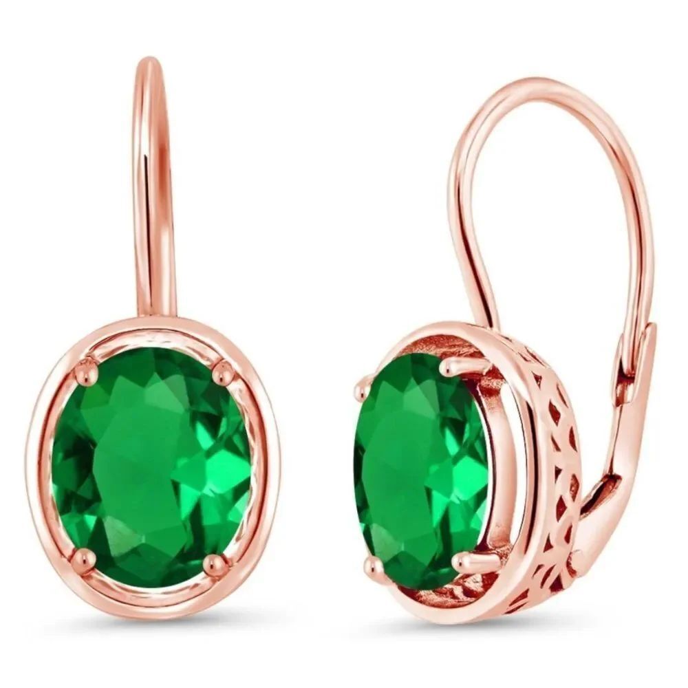 18K Rose Gold 925 with 3.00 Cttw Emerald Oval Leverback Drop Earrings